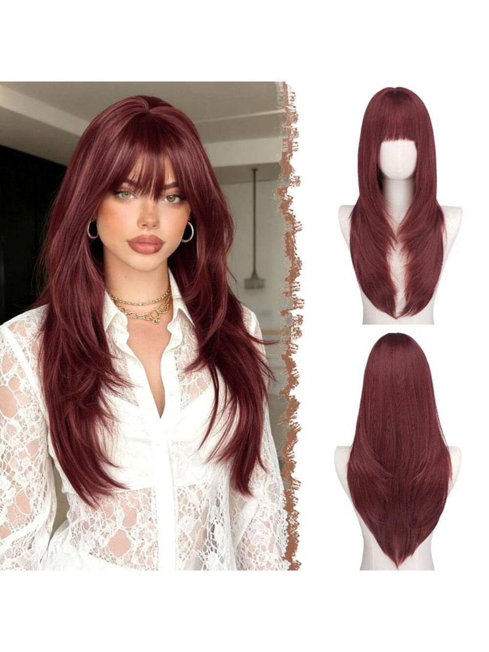 24 Inch Women's Burgundy Synthetic Long Straight Sleek Layered Wig with Bangs
